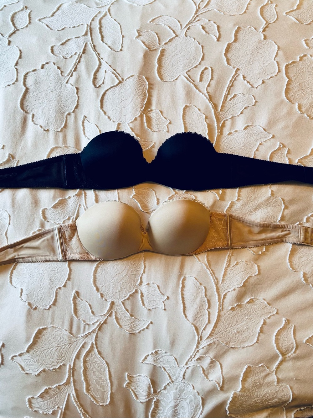 (2) Strapless Push-Up Bras  - 34A - Lily of France-Black and Vanity Fair-Nude